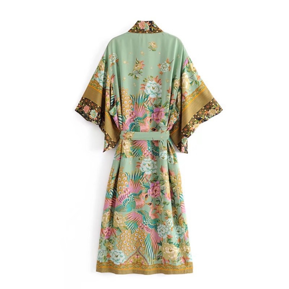 Bohemian Mint Green Floral Print Cut out Sleeve Belted Kimono Cover up - Picture 8 of 8